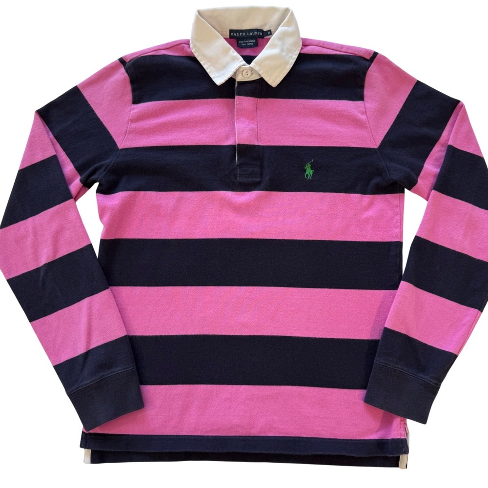 Ralph Lauren Striped Long Sleeve Rugby Shirt Womens Size M Preppy navy blue y2k
